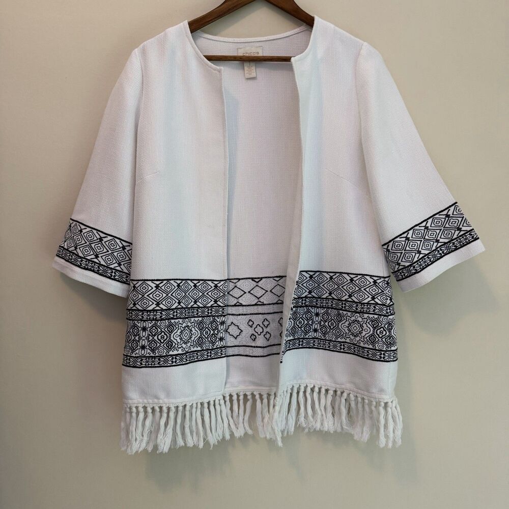 Chico’s White Fringe Open Front Cardigan Jacket Embroidered Boho Size 1